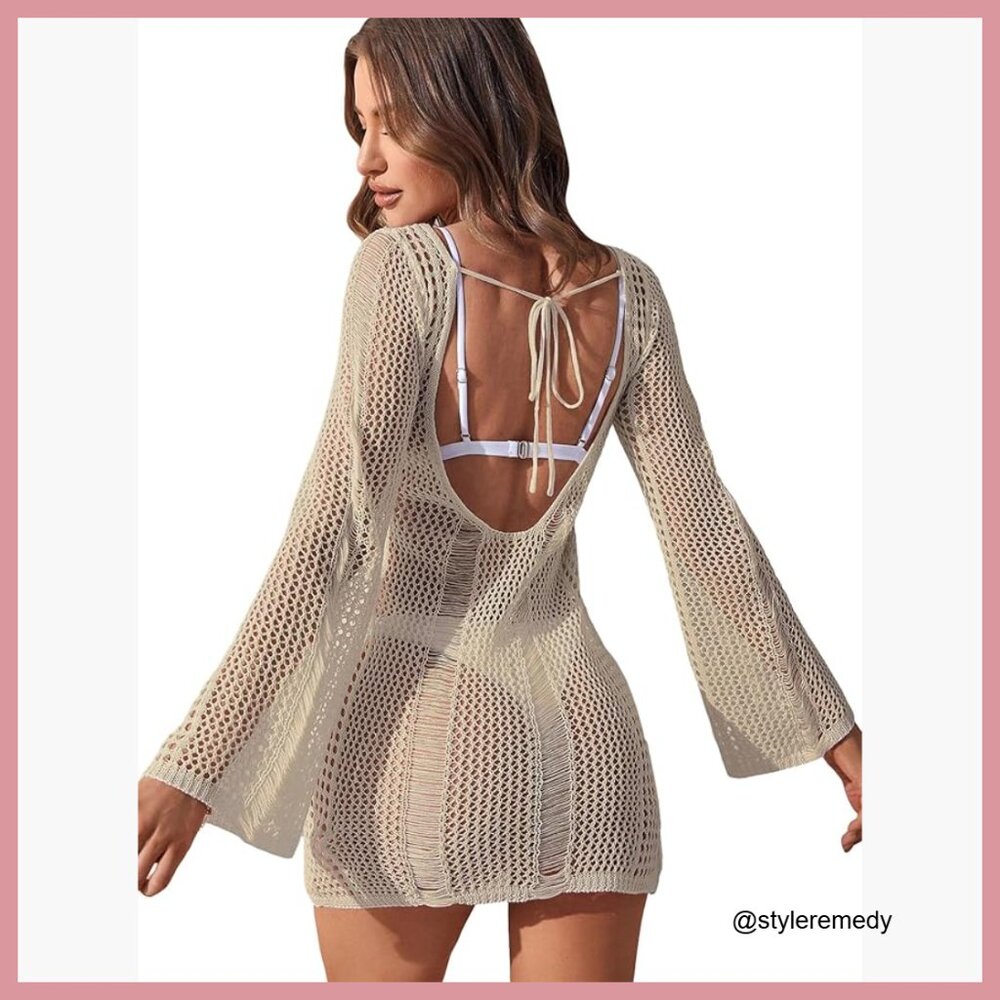 Long Sleeve Backless Knitted Cover Up Swimsuit Hollow Out Crochet Beach Dress